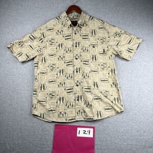 Vintage Woolrich Shirt Large Beige Fish Print Pocket Button Up Short Sleeve Mens